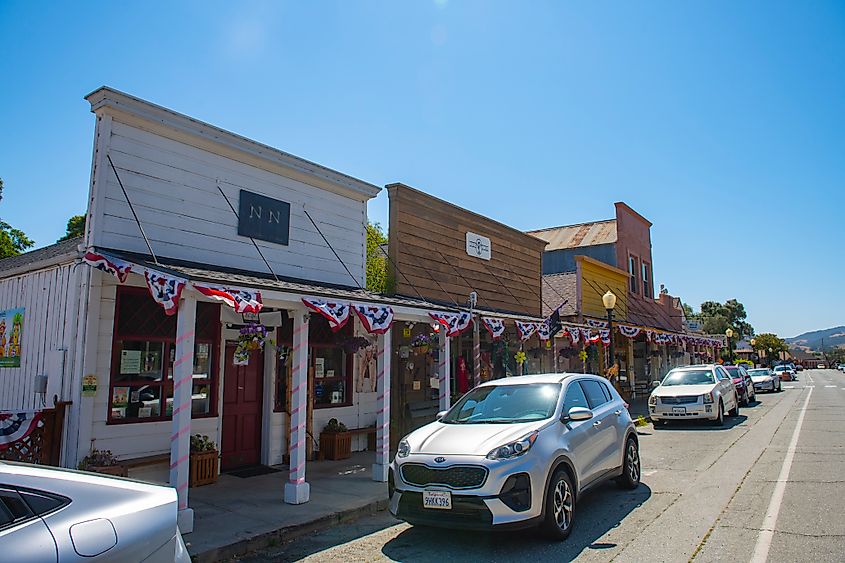 Rustic buildings along Third Street in San Juan Bautista, CA.