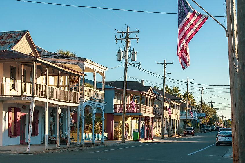 An American flag on a street in historic downtown Cedar Key, Florida