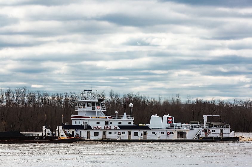 A barge in the Mississippi River in Kimmswick, Mississippi.