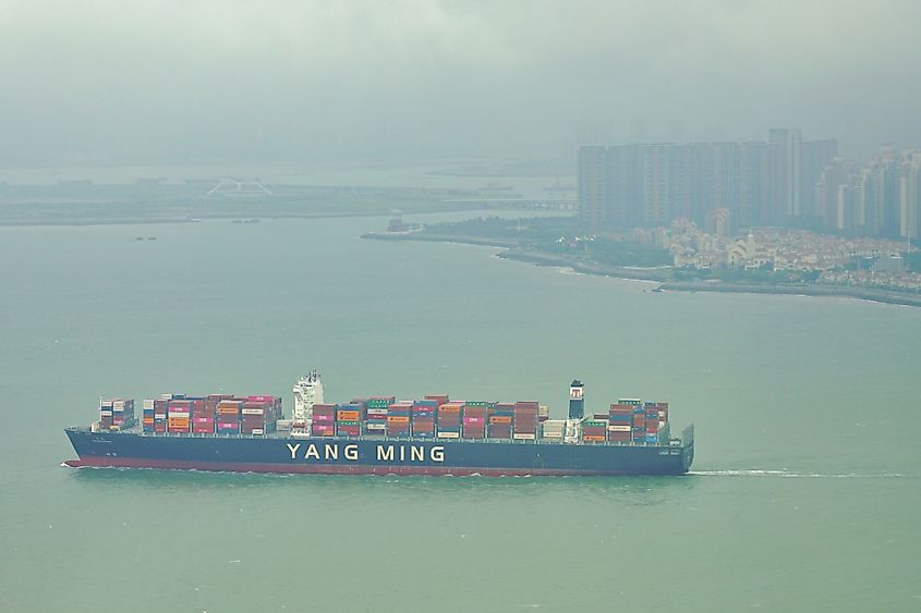 Aerial view of a Yang Ming container ship in the Taiwan Strait in Xiamen (Amoy) in Fujian province, China.