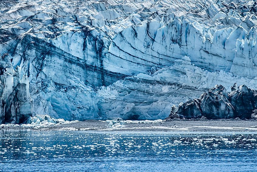 An impressive view of the cliff of Reid Glacier, in Glacier Bay National Park & Preserve, Alaska.