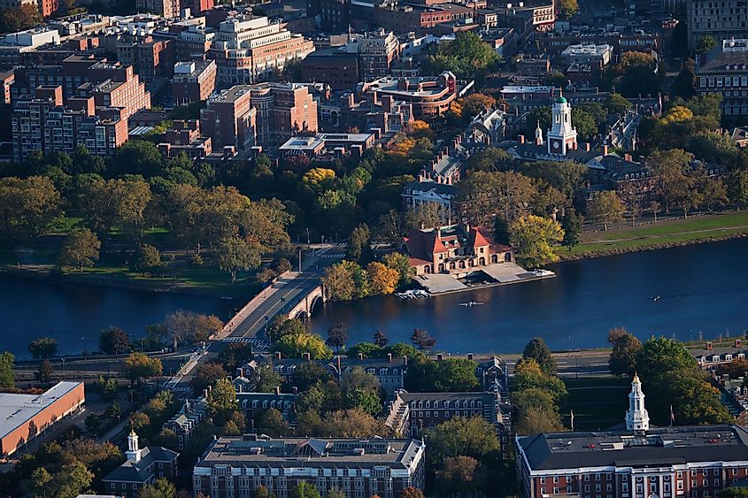 AERIAL VIEW of Cambridge and Anderson Memorial Bridge leading to Weld Boathouse, Harvard on Charles River, Cambridge, Boston