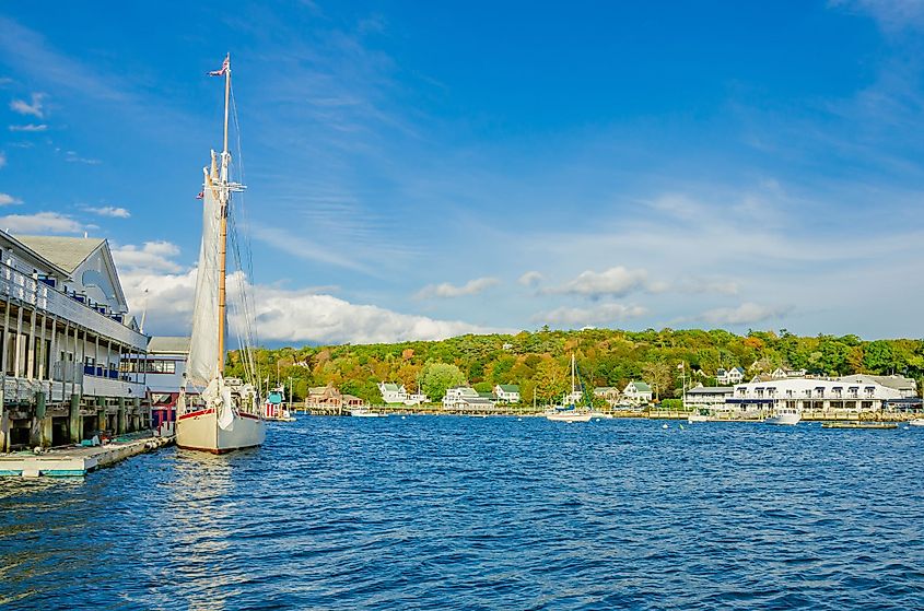 View of Boothbay Harbor, Maine at sunset in autumn