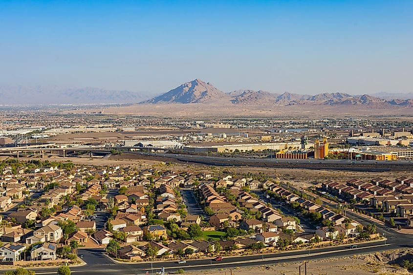 Sunny high angle view of the Henderson skyline in Nevada.