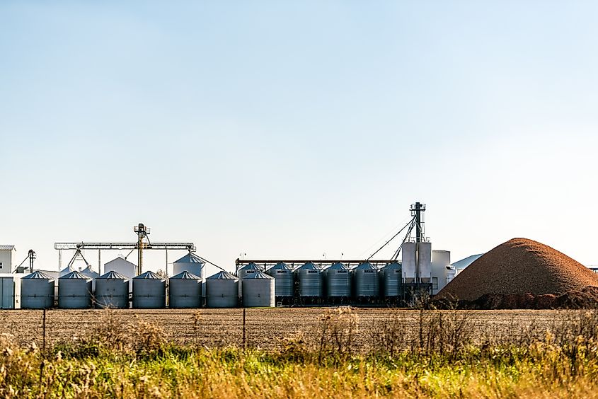 Illinois countryside with silos and industrial landscape in fall autumn season on farm