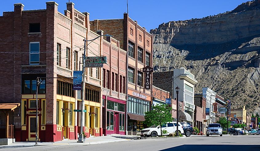Cityscape view along Main Street in Helper, Utah, with historic buildings.