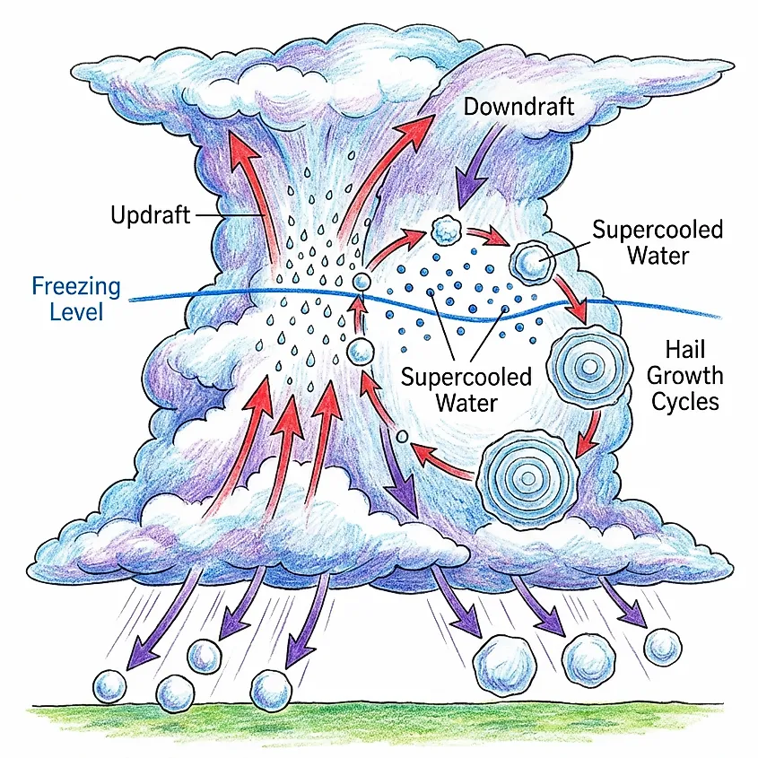 diagram showing how hail forms and grows larger in a cloud.