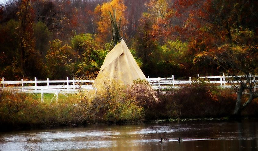 Native American Teepee in Warren, RI during autumn.