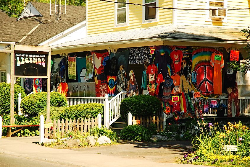 A store in Woodstock, New York, invokes the spirit of 1969, selling vintage styles and posters of rock stars from the 1960s.