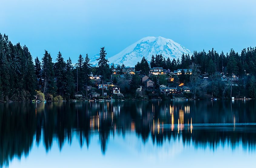 Mt Rainier Reflects in Lake Wilderness, Maple Valley, Washington