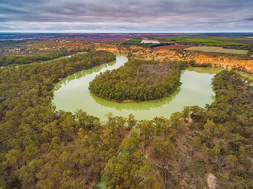 The Murray River winding through South Australia near Murray Bridge.