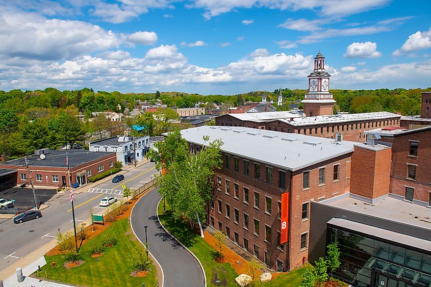 Historic Assabet Woolen Mill, built in 1847, on Main Street on Assabet River in Maynard historic town center.