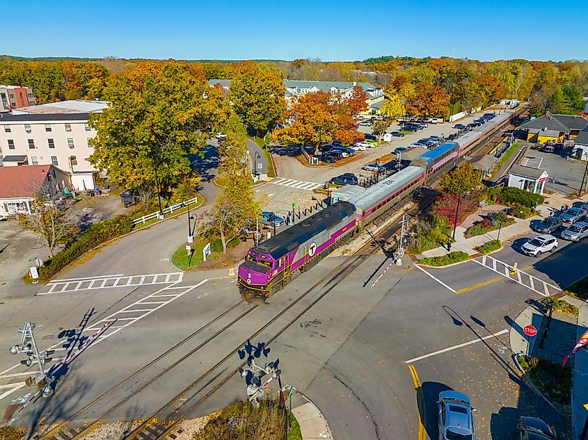 Commuter Rail stops at West Concord depot in town of Concord, Massachusetts