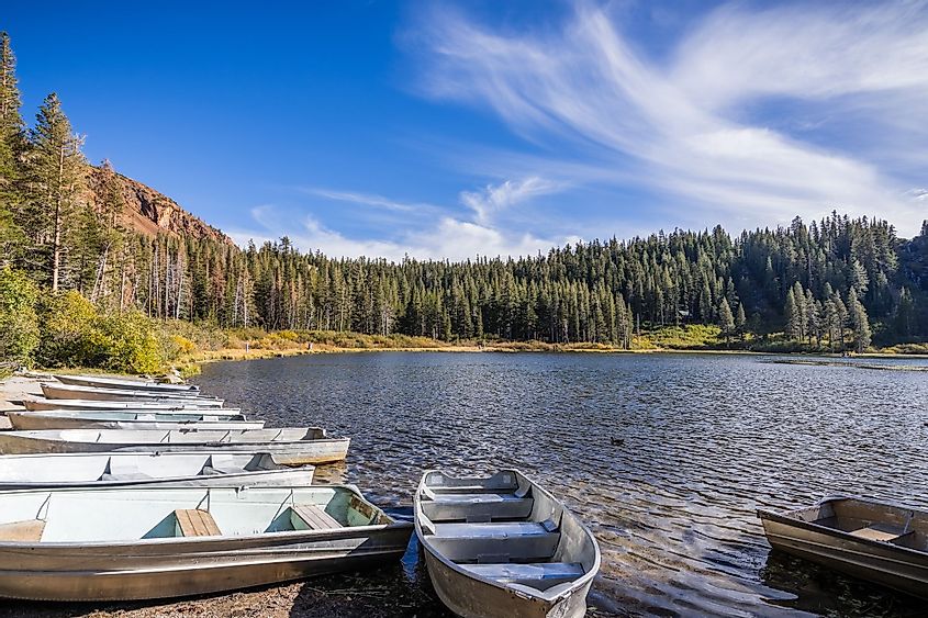 Boats on the shore of Lake George in the Mammoth Lakes Basin, Eastern Sierra Mountains, California