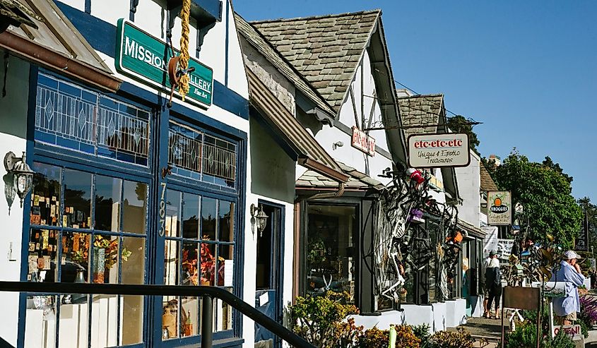 A row of tourist shops in Cambria, California.