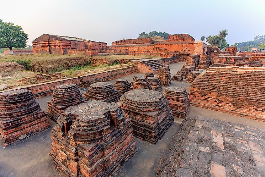 Red brick ruins and stupas at Nalanda, Bihar, India
