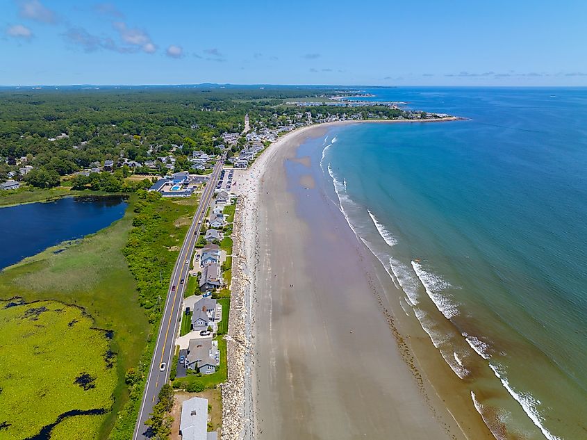 Sawyers Beach aerial view in summer with Ocean Boulevard in town of Rye, New Hampshire.