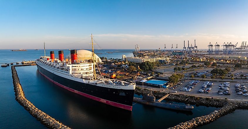 Panoramic aerial view of Long Beach and the Queen Mary, CaliforniaPanoramic aerial view of Long Beach and the Queen Mary, California