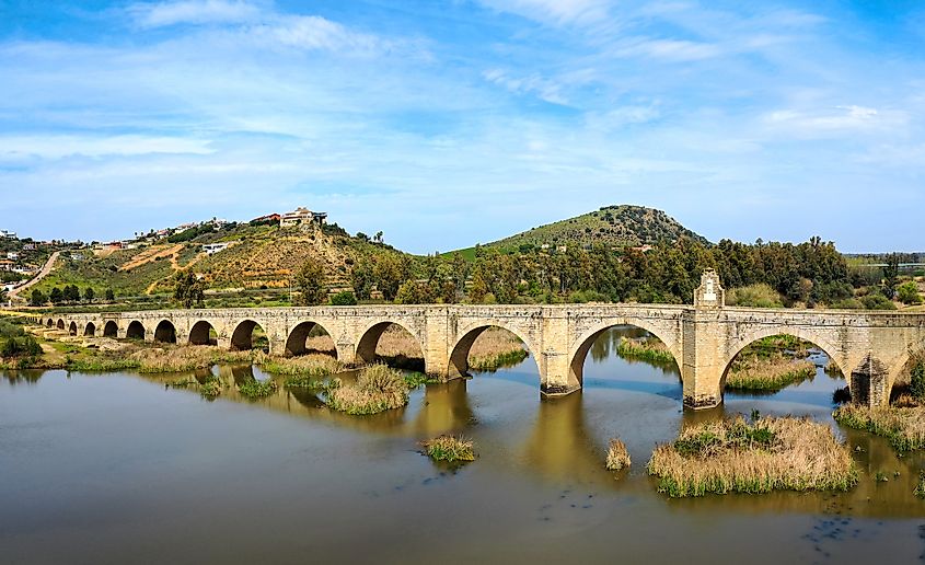 The old bridge of Medellin on the Guadiana River.