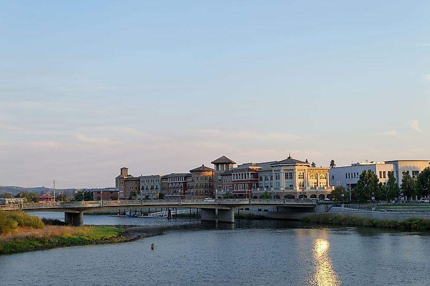 View of the Napa riverfront at sunset in Napa, California.
