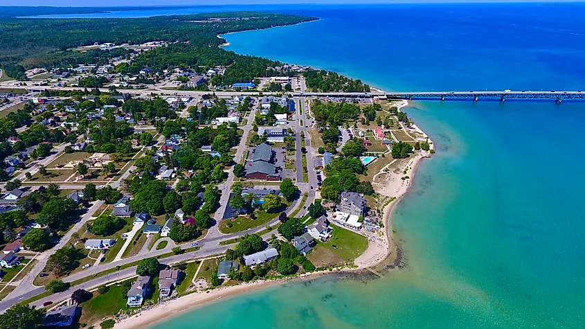 The Mackinac Bridge at the Straits of Mackinac near Mackinaw City, Michigan.