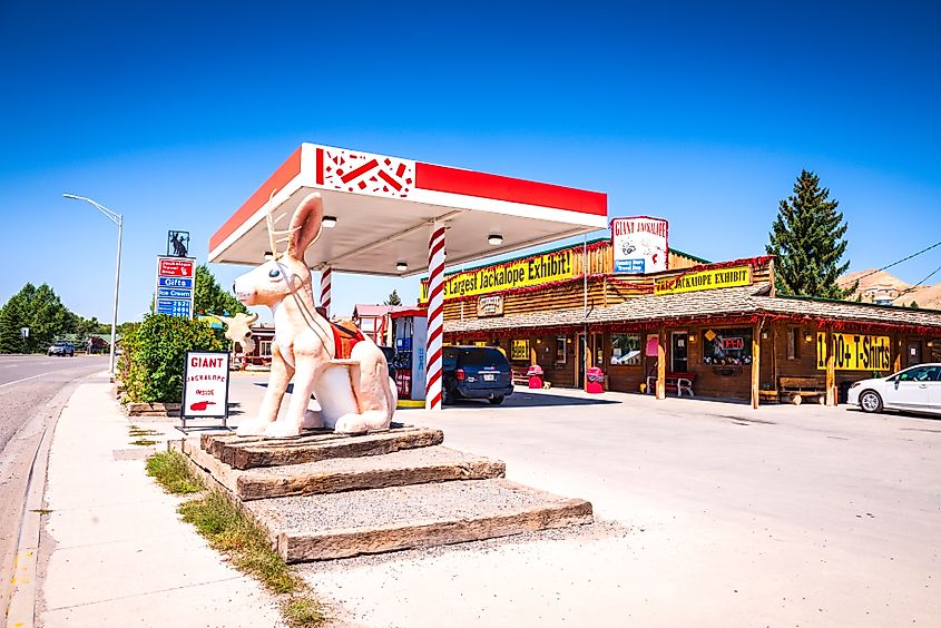 Giant Jackalope statue in front of gas station in Dubois, Wyoming