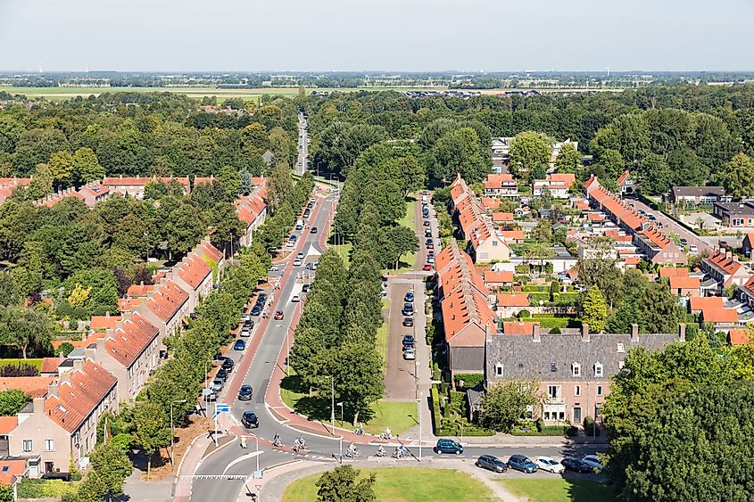 Aerial view family houses in residential area of Emmeloord, The Netherlands. 