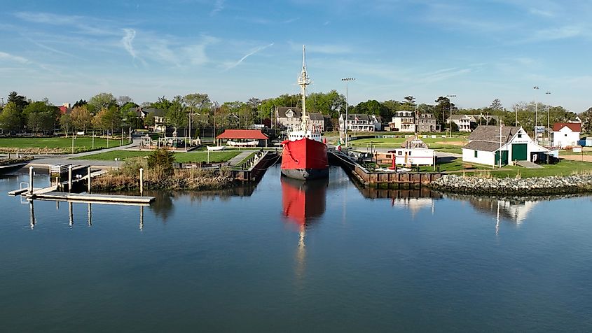 Red boat in the Canalfront Park in Lewes, Delaware.