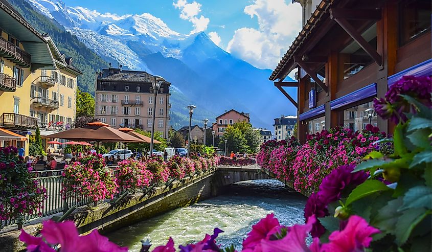 View of the Arve river and Mont-Blanc massif from the centre of Chamonix