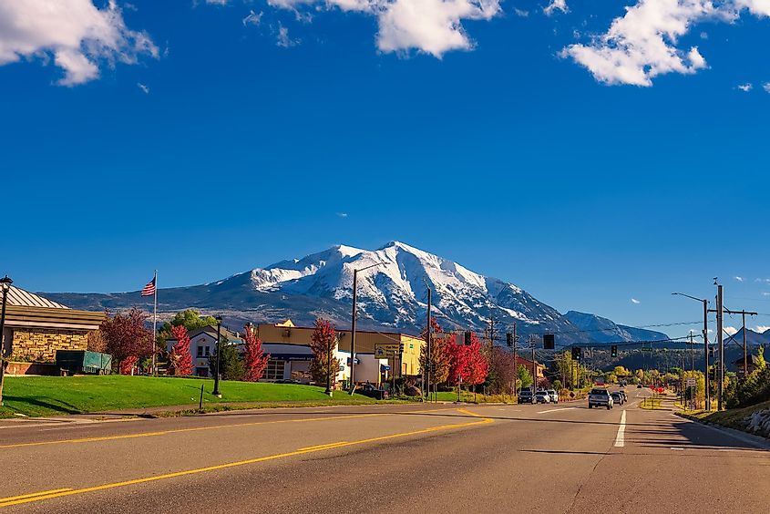 Town of Carbondale facing Mount Sopris in the northwestern Elk Mountains range of the Rocky Mountains