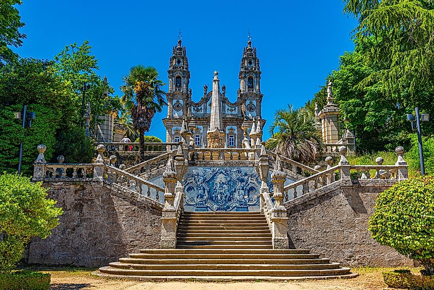 The ornate staircase leading to the Church of Our Lady of Remedies in Lamego, Portugal.