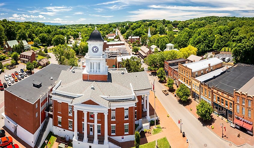 Aerial view of Tennessee's oldest town, Jonesborough and its courthouse.