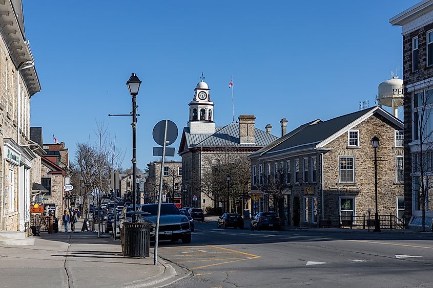 Town Hall building and street in downtown Perth in Ontario in spring.
