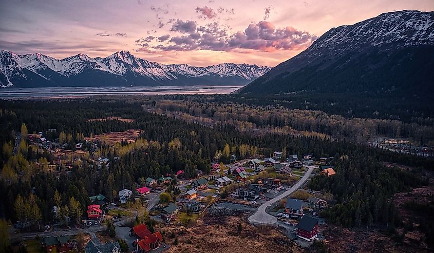 Aerial View of the Resort Town of Girdwood, Alaska at sunset