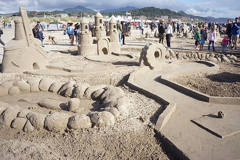 Sandcastles resembling a golf course at Cannon Beach Sandcastle Contest. Photo credit: Cannon Beach.