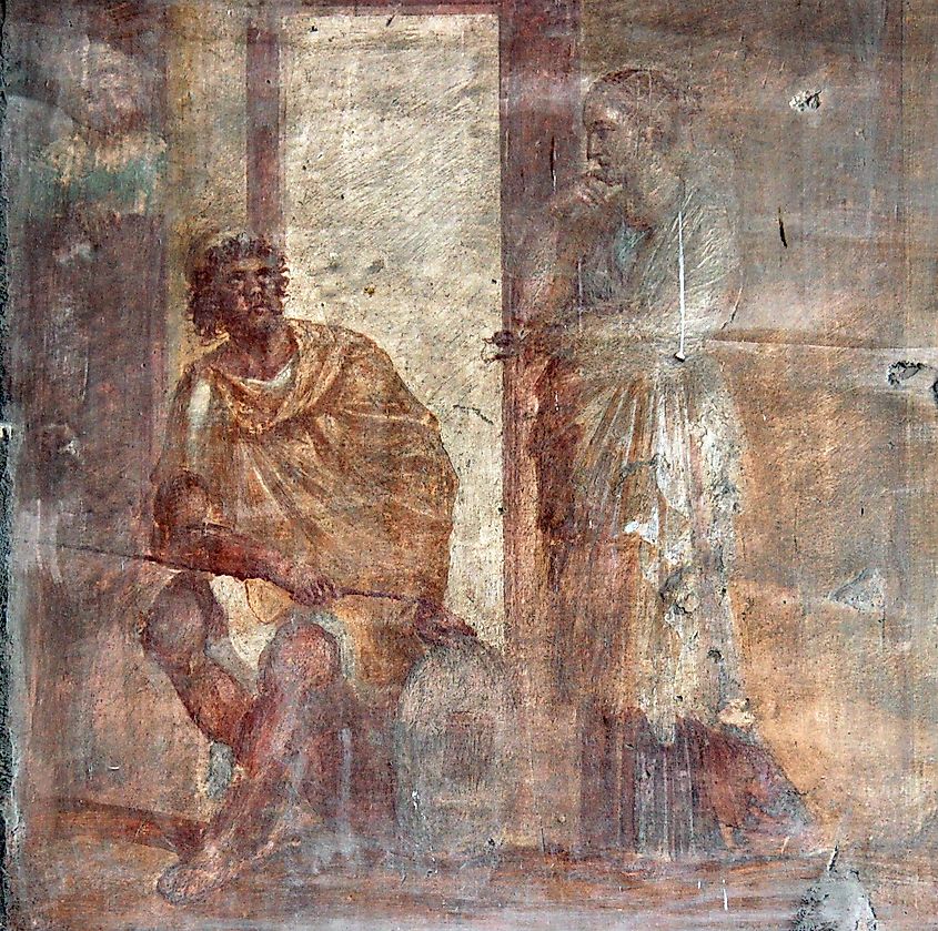 Penelope meeting the returned Odysseus disguised as a beggar, from a mural in the Macellum of Pompeii