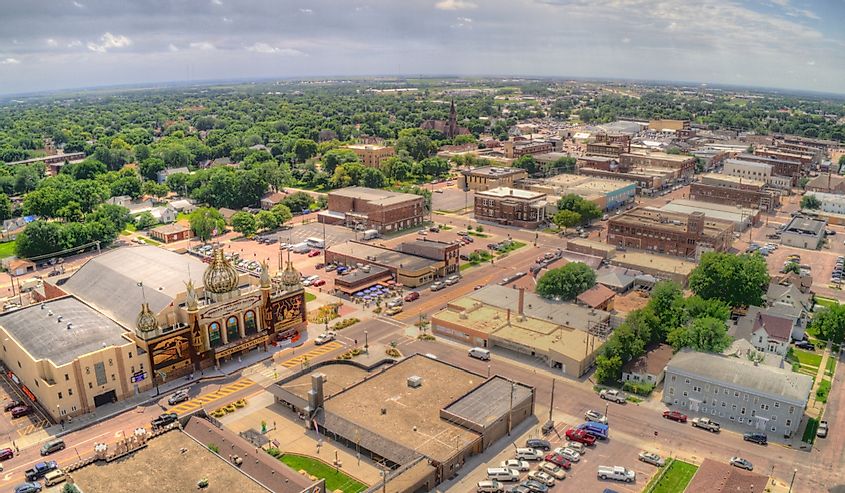Aerial view of Mitchell, South Dakota; a small town in the Midwest