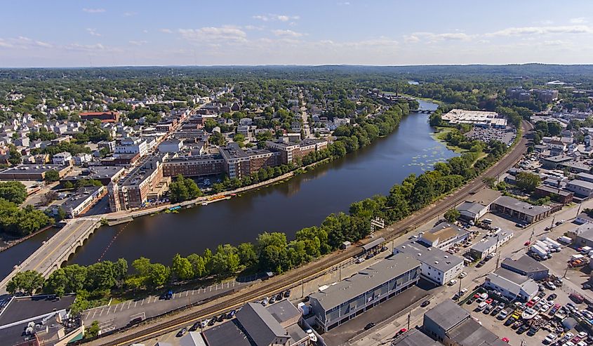 Charles River aerial view in downtown Waltham, Massachusetts