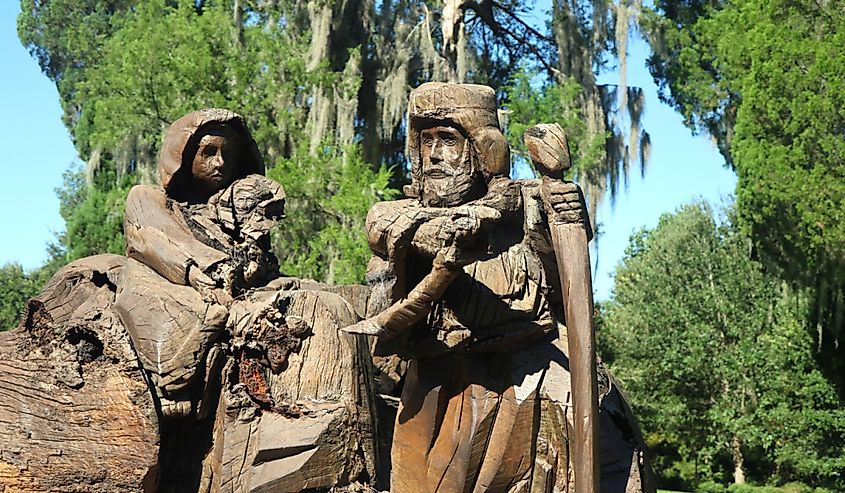 Famous Religious Wood Carvings of Mepkin Abbey Gardens. Sculpture is Made from Fallen Oak Trees, Moncks Corner, South Carolina