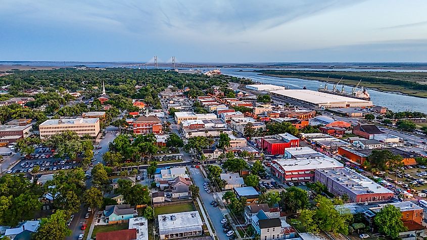 Aerial landscape of coastal downtown Brunswick city summer sunset in southeast coast of Georgia USA. Credit: Andrew Baum/Shutterstock.com