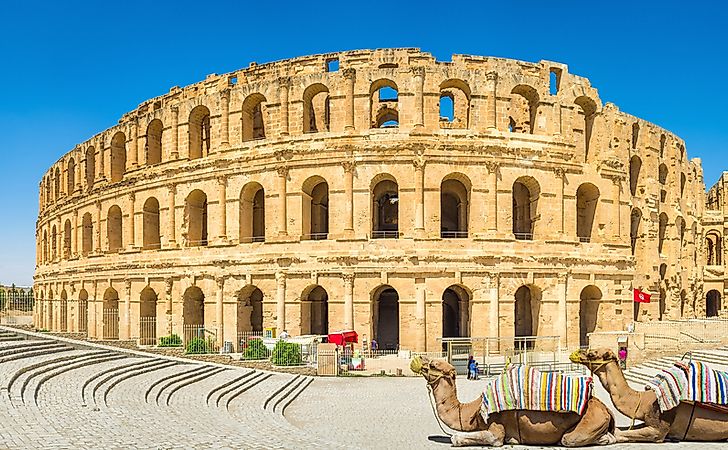 The ancient amphitheatre in El Djem with two camels on the foreground, Tunisia.