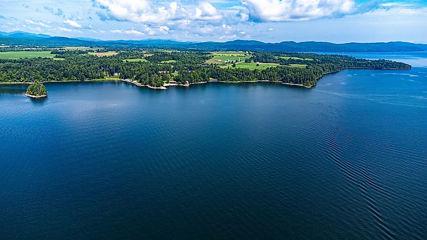 Aerial view of Lake Champlain in Vermont.