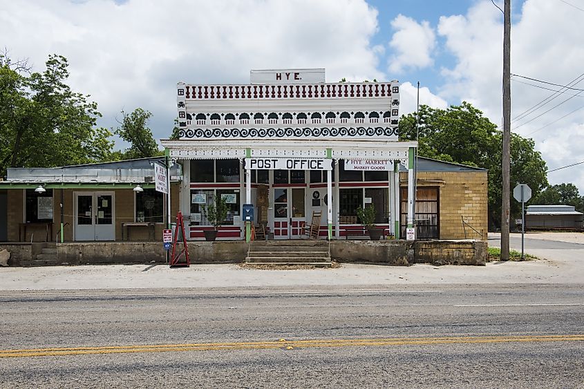 Historic general store and post office building in the small town of Hye, Texas