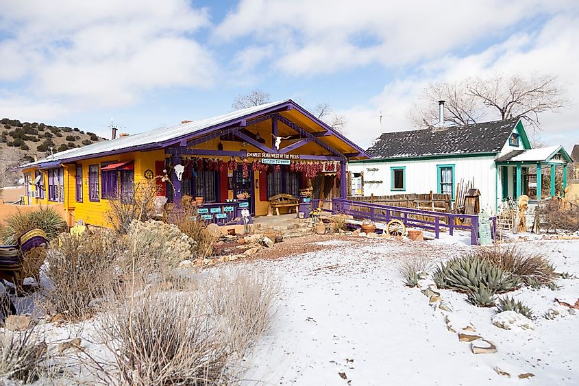 Pretty colorful wooden store in Madrid, New Mexico, during a cold winter day. 