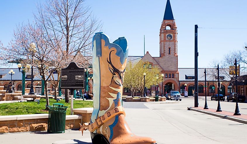View of large cowboy boot in historic downtown Cheyenne, Wyoming