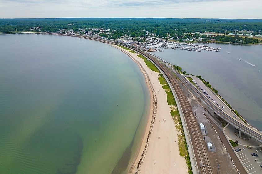 Niantic Beach and Boardwalk aerial view in a cloudy day between Niantic River and Niantic Bay in village of Niantic, East Lyme, Connecticut