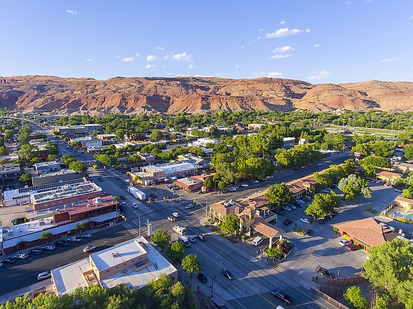 Moab city center and historic buildings aerial view in summer, Utah