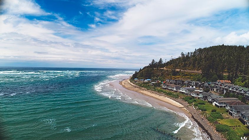 Aerial photograph of the beach in Netarts, Oregon, on a sunny day.