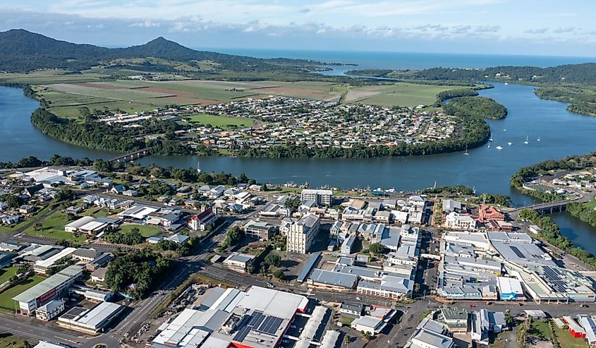 Aerial view of the town of  Innisfail on the Johnstone river in north Queensland, Australia.