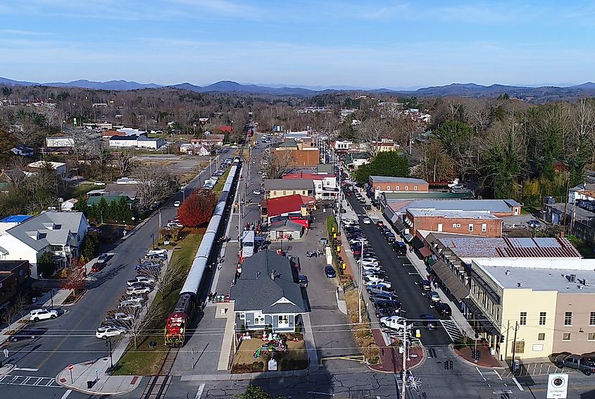 Aerial view of downtown Blue Ridge Georgia, Street